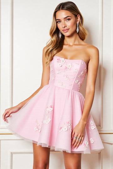 A Line Pink Strapless Mini Homecoming Dress With 3D Flowers